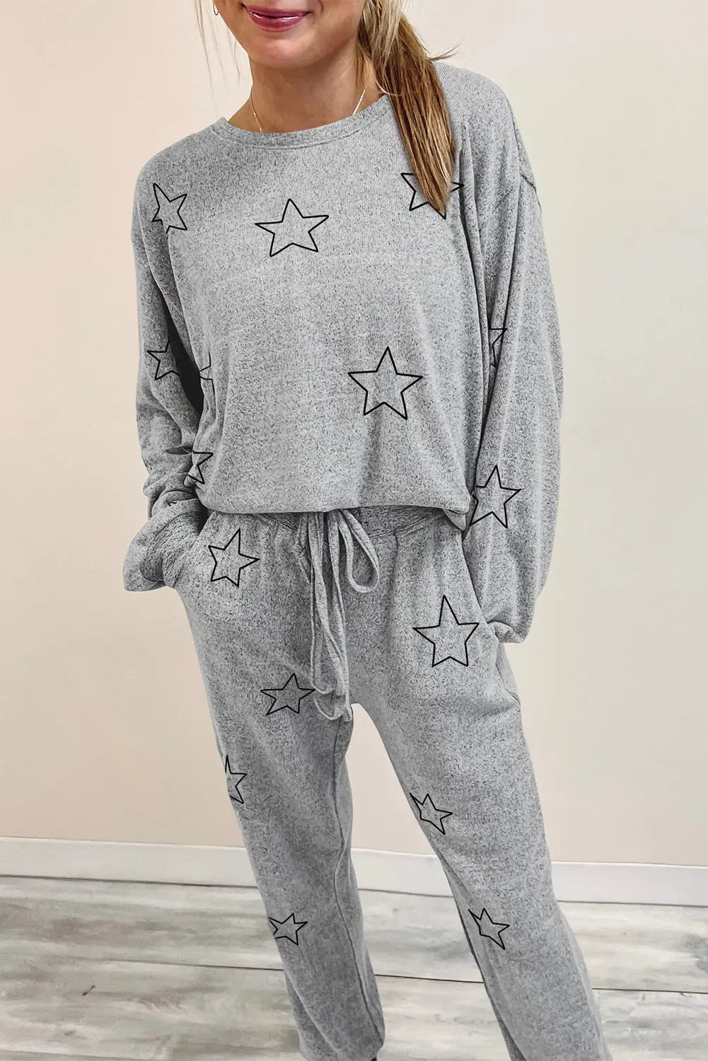 Grey Stars Print Long Sleeve Drawstring High Waist Lounge Set eAura