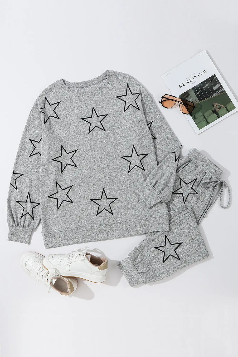 Grey Stars Print Long Sleeve Drawstring High Waist Lounge Set eAura