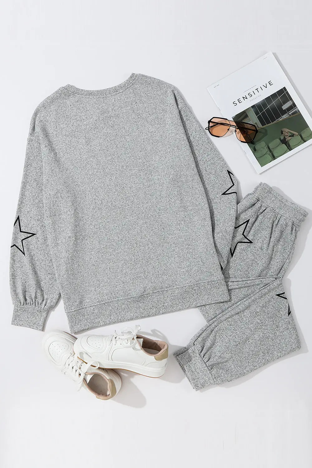 Grey Stars Print Long Sleeve Drawstring High Waist Lounge Set eAura