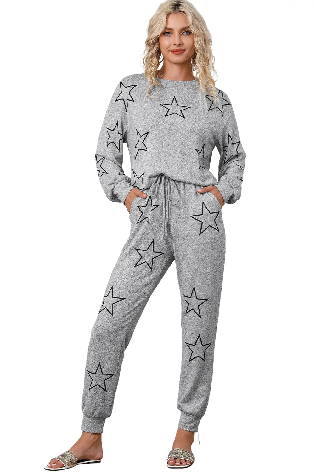 Grey Stars Print Long Sleeve Drawstring High Waist Lounge Set eAura