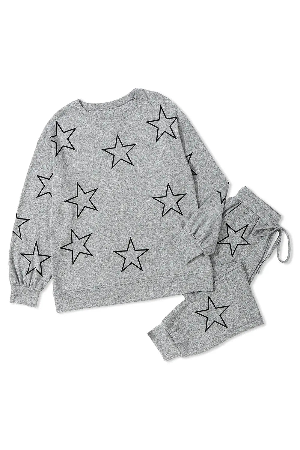 Grey Stars Print Long Sleeve Drawstring High Waist Lounge Set eAura