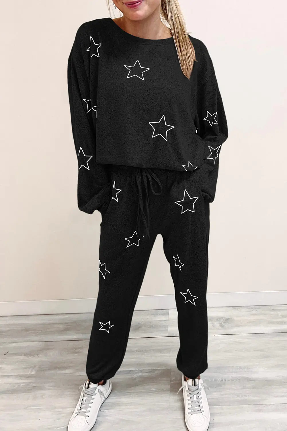 Grey Stars Print Long Sleeve Drawstring High Waist Lounge Set eAura