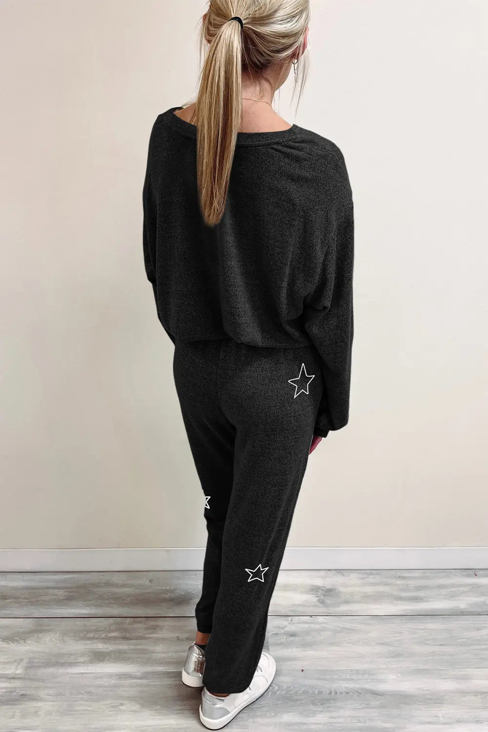 Grey Stars Print Long Sleeve Drawstring High Waist Lounge Set eAura
