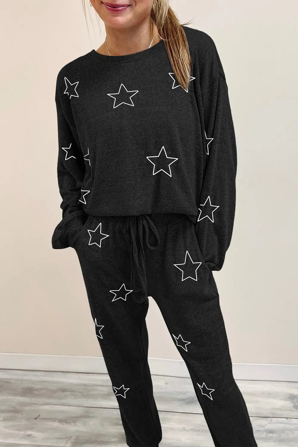 Grey Stars Print Long Sleeve Drawstring High Waist Lounge Set eAura