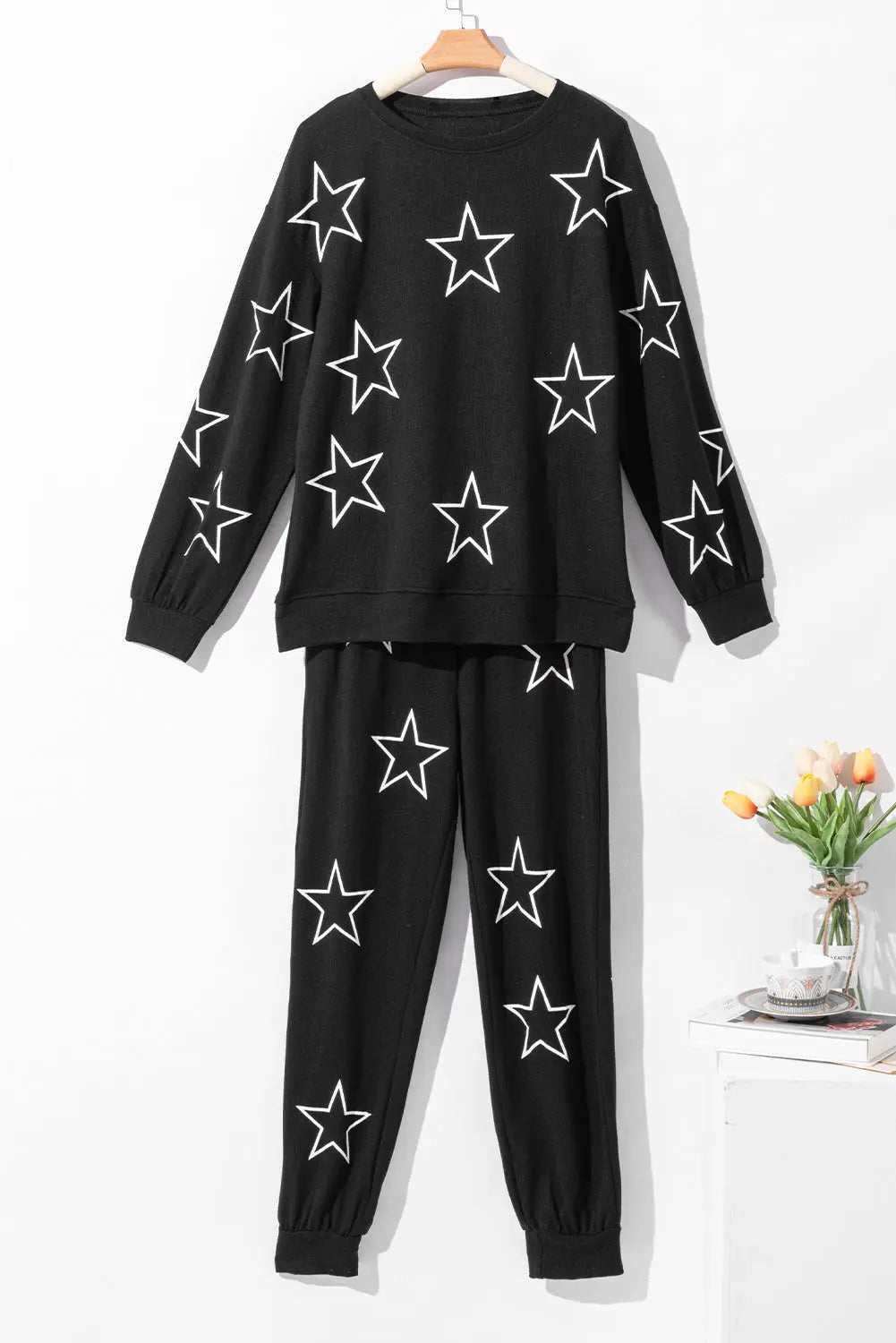 Grey Stars Print Long Sleeve Drawstring High Waist Lounge Set eAura