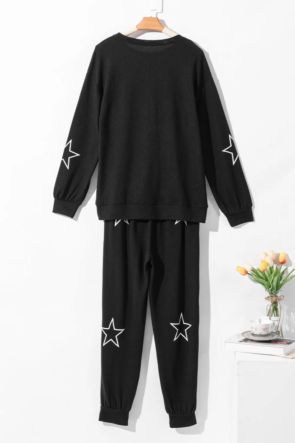 Grey Stars Print Long Sleeve Drawstring High Waist Lounge Set eAura