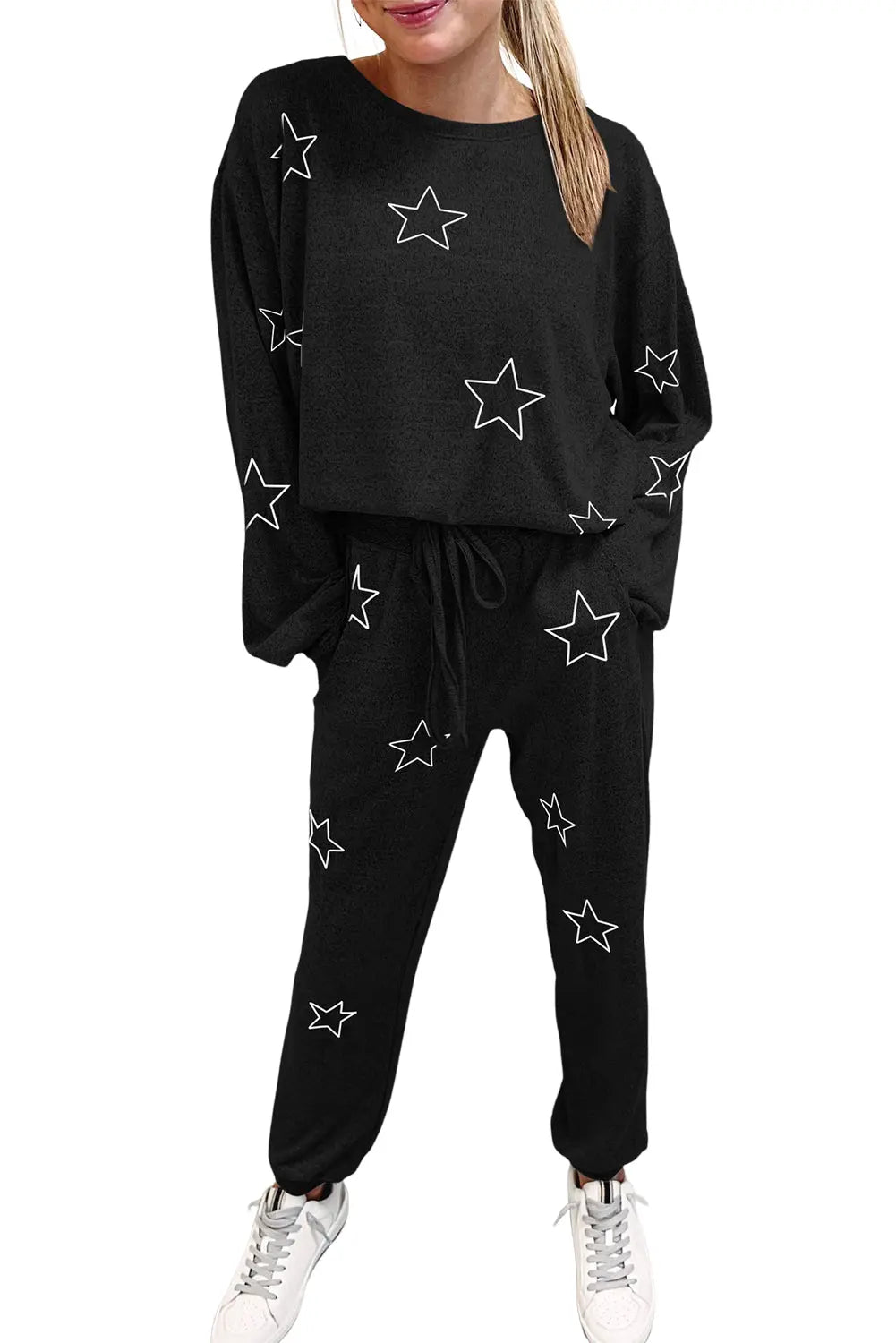 Grey Stars Print Long Sleeve Drawstring High Waist Lounge Set eAura
