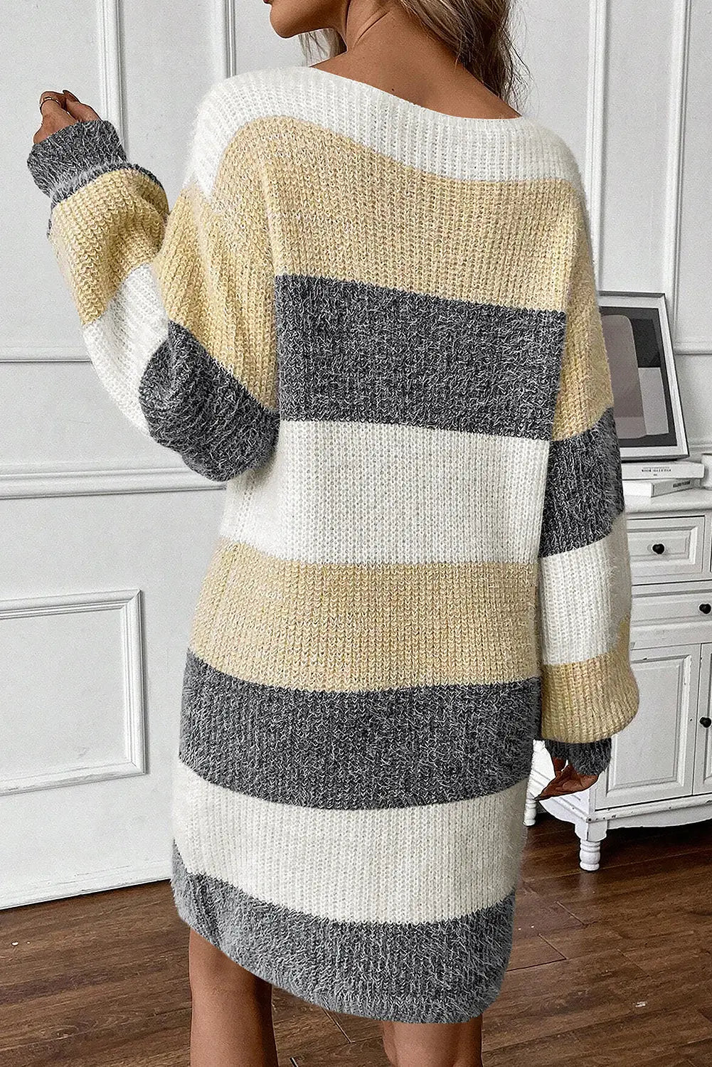 Grey Stripe Colourblock Bubble Sleeve Drop Shoulder Sweater Dress eAura