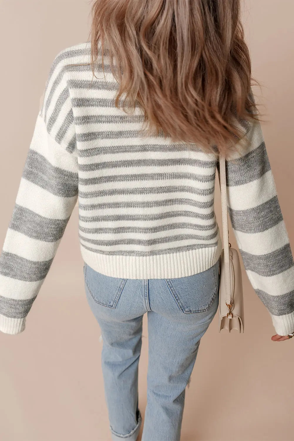 Grey Stripe Drop Shoulder Crew Neck Sweater - eAura