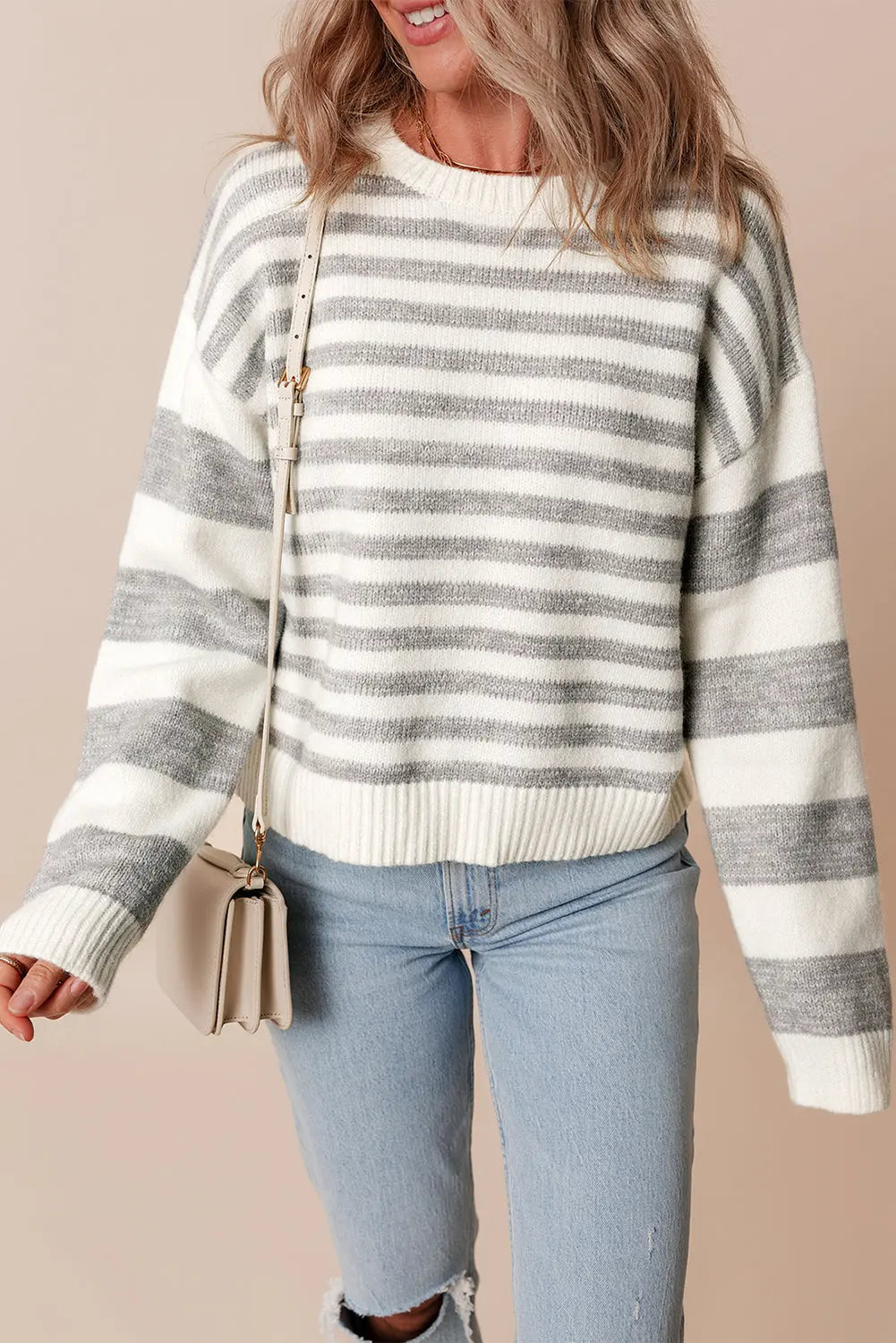 Grey Stripe Drop Shoulder Crew Neck Sweater - eAura