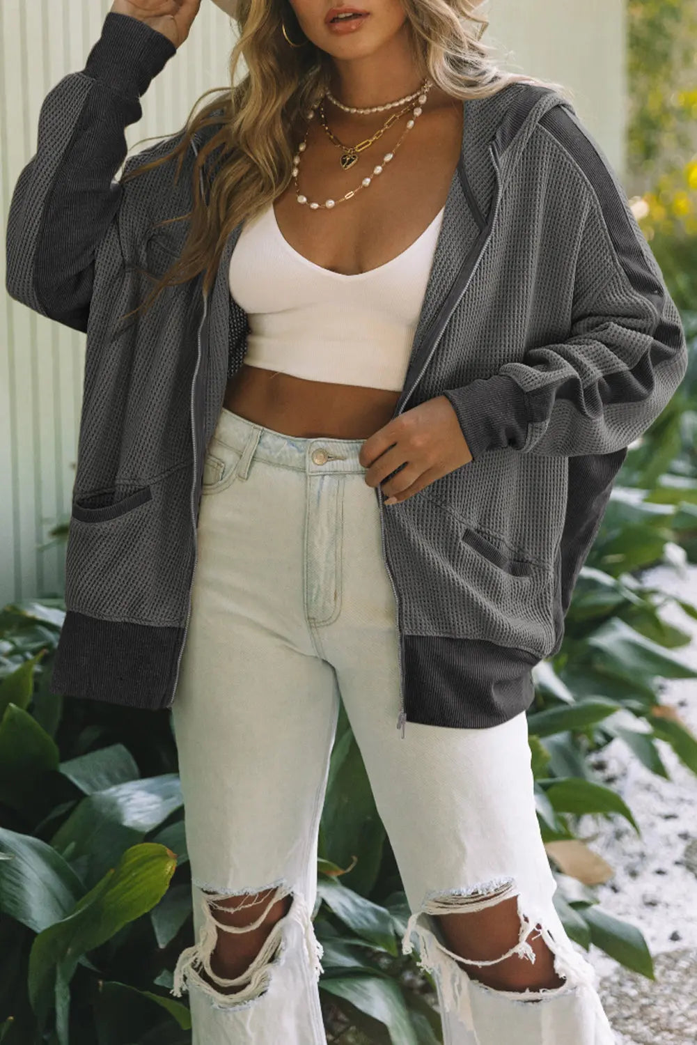 Grey Thermal Waffle Knit Full Zipper Hooded Jacket - eAura