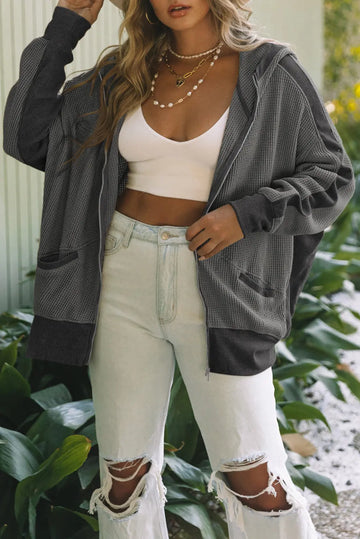 Grey Thermal Waffle Knit Full Zipper Hooded Jacket - eAura