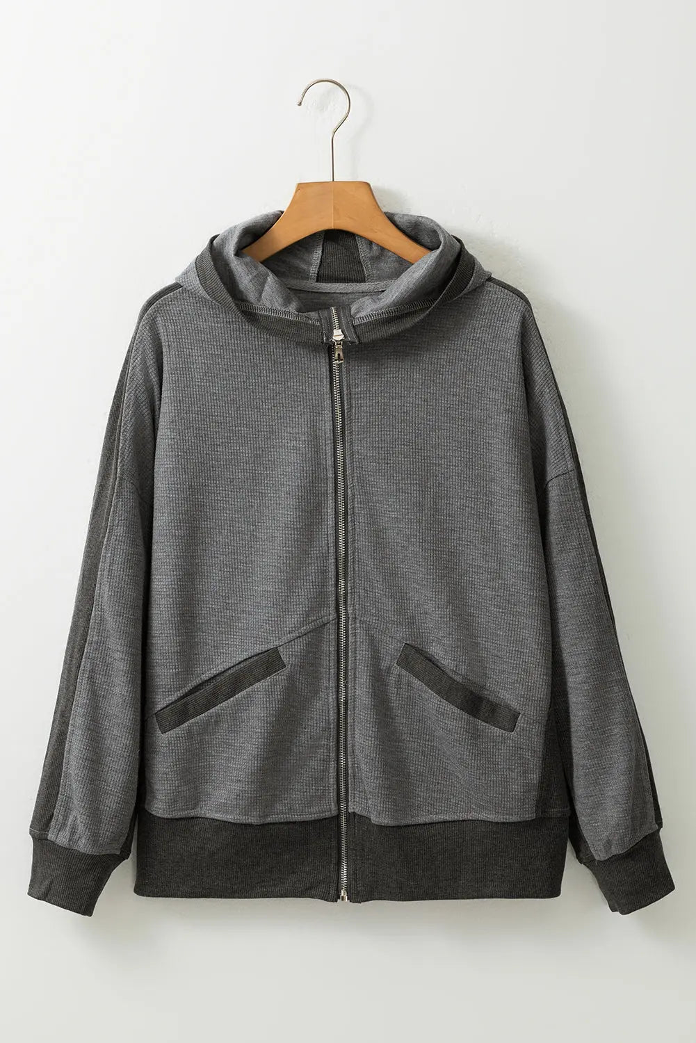 Grey Thermal Waffle Knit Full Zipper Hooded Jacket - eAura