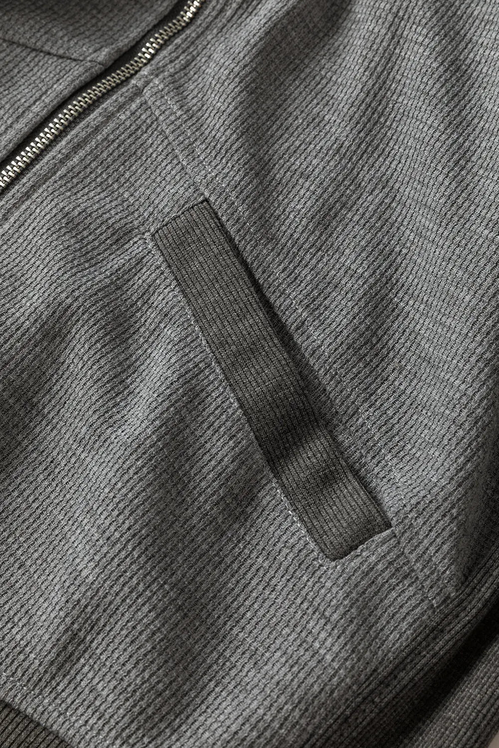 Grey Thermal Waffle Knit Full Zipper Hooded Jacket - eAura