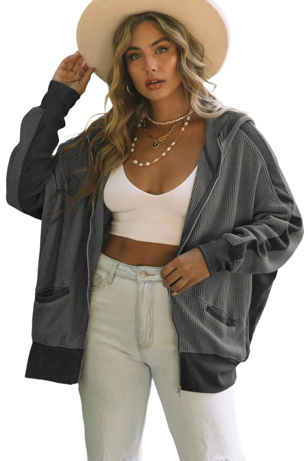 Grey Thermal Waffle Knit Full Zipper Hooded Jacket - eAura