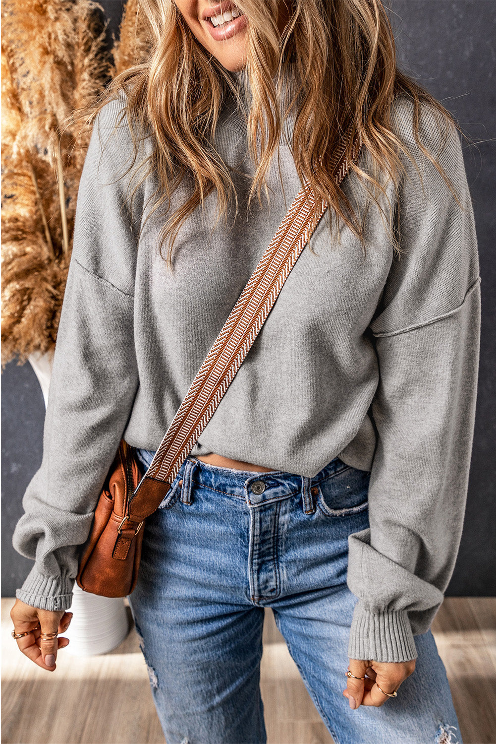 Grey Turtleneck Drop Shoulder Bubble Sleeve Knit Sweater - eAura