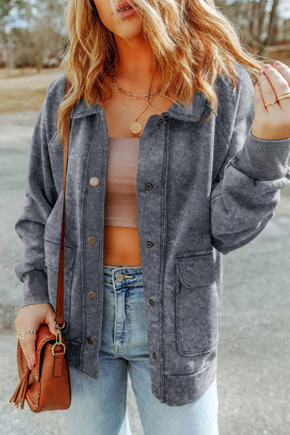 Grey Vintage Washed Flap Pocket Button Shacket - eAura