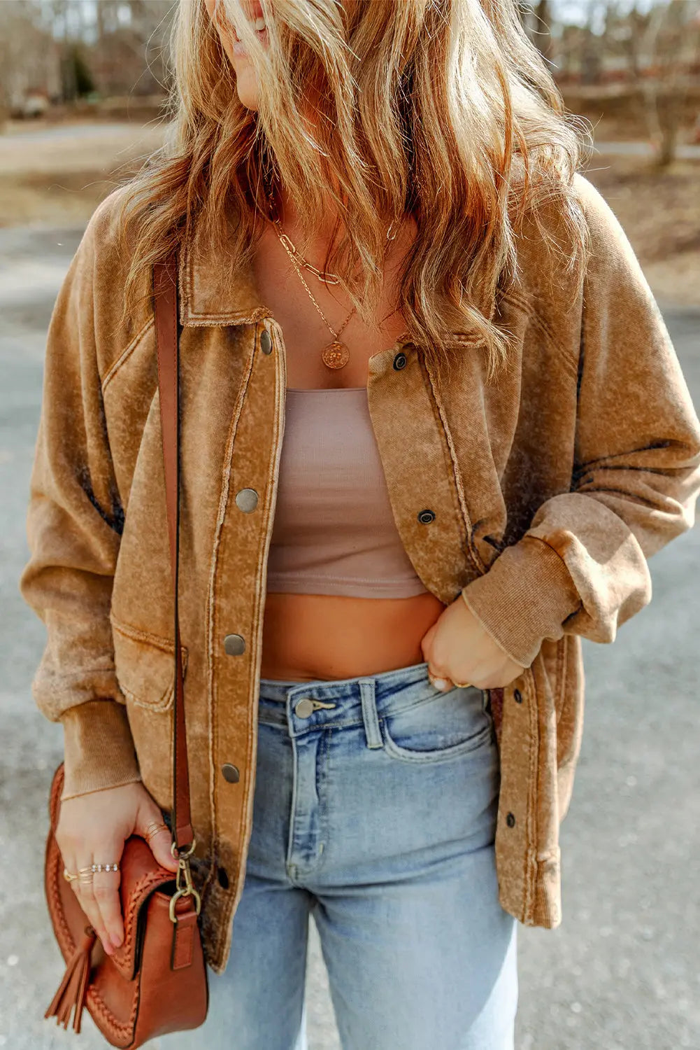 Grey Vintage Washed Flap Pocket Button Shacket - eAura