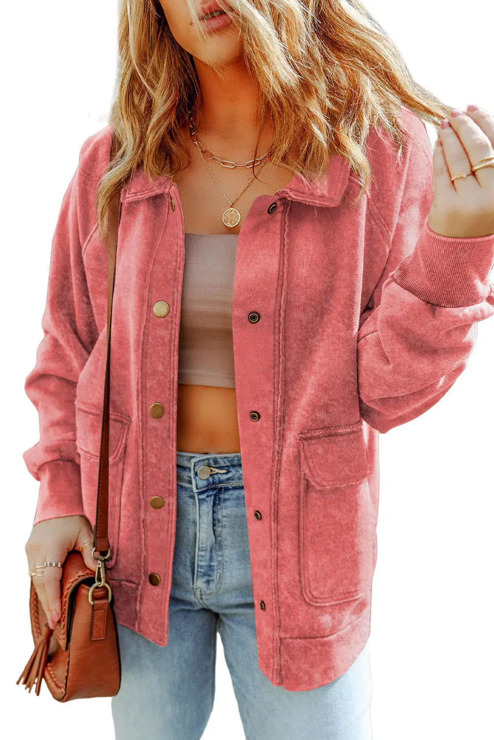 Grey Vintage Washed Flap Pocket Button Shacket - eAura