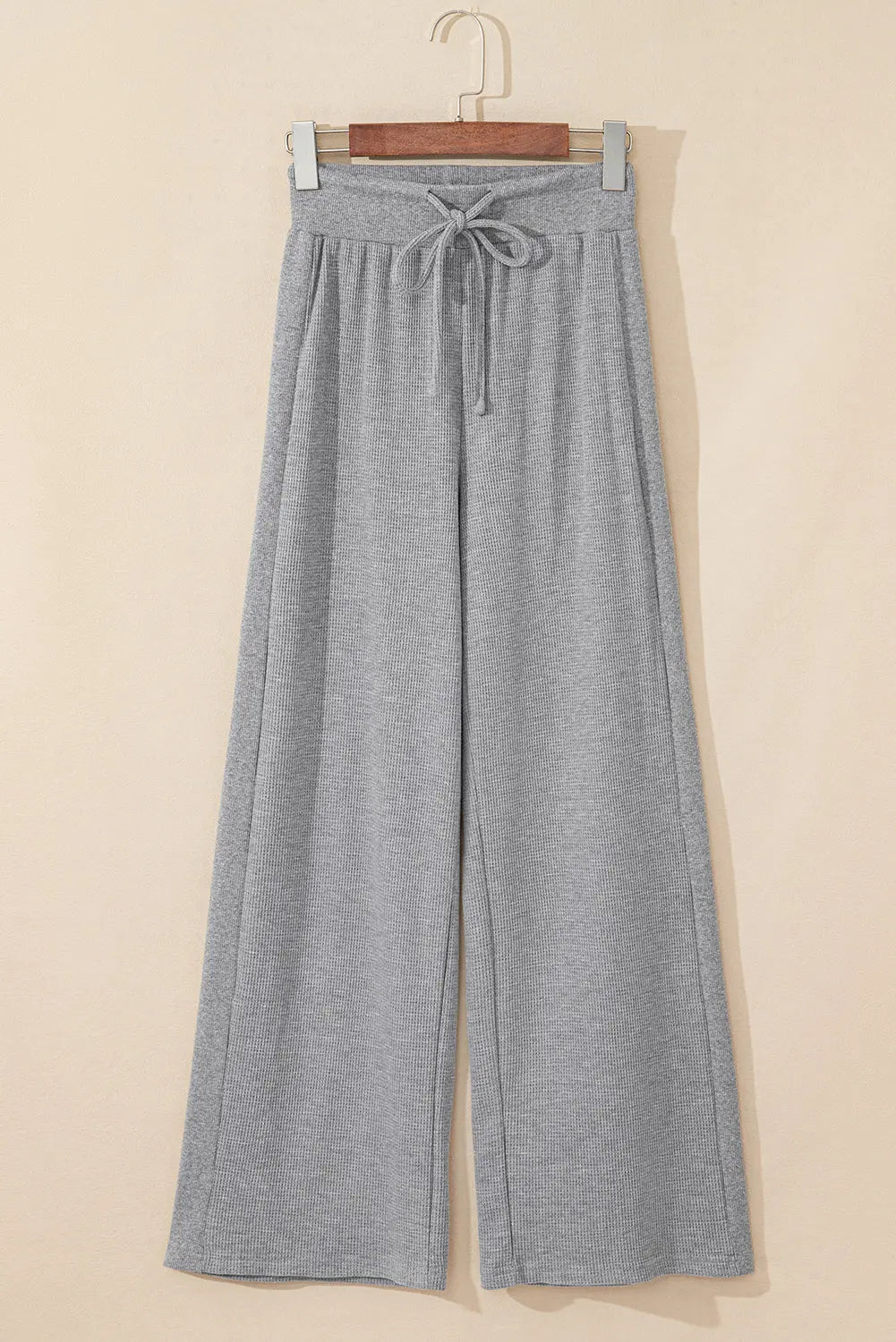 Grey Waffle Knit Drawstring High Waist Wide Leg Trousers Beagle Boutique Fashion Outlet
