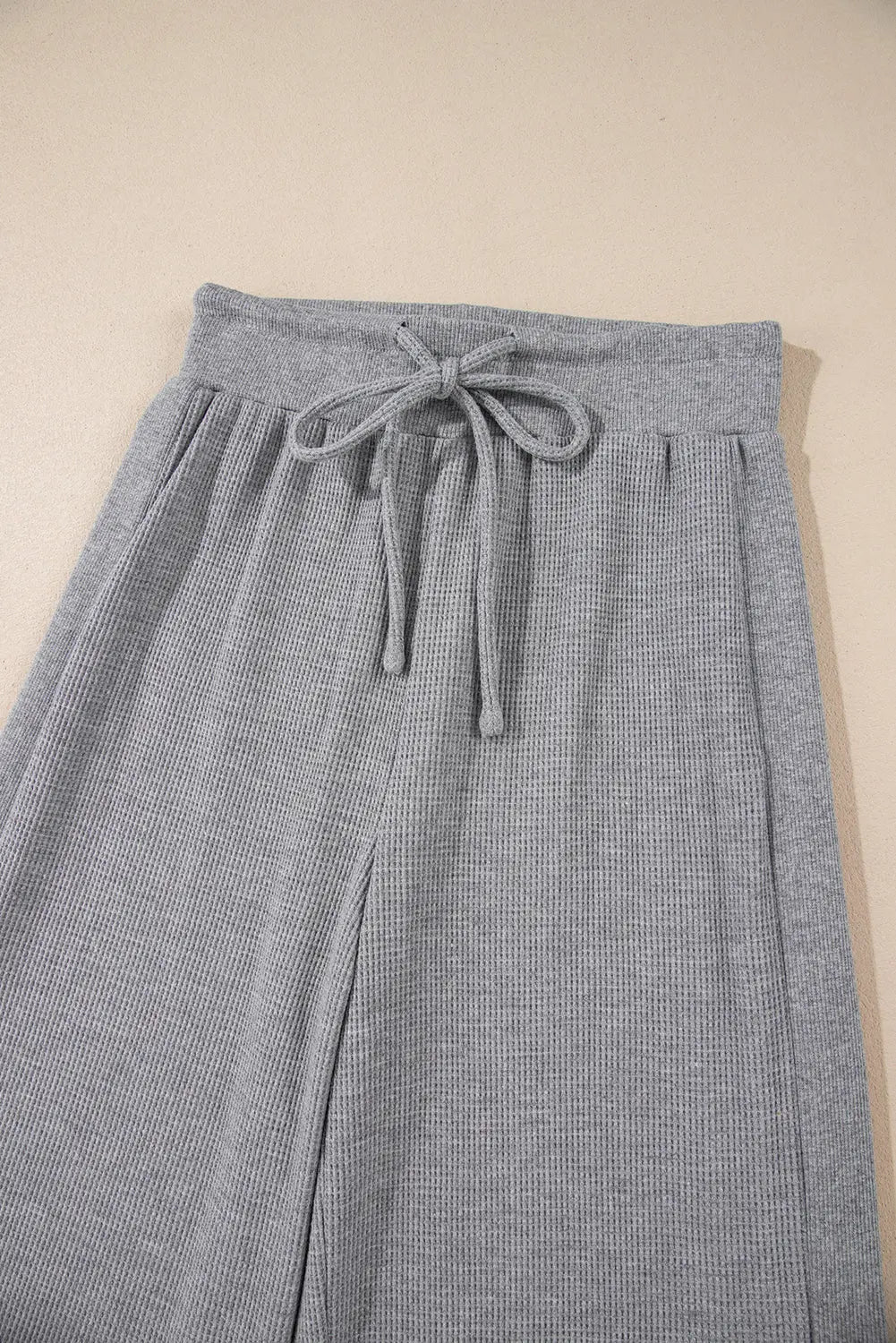 Grey Waffle Knit Drawstring High Waist Wide Leg Trousers Beagle Boutique Fashion Outlet
