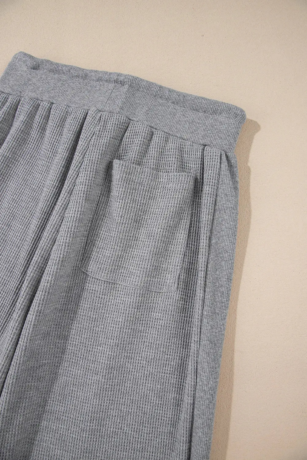 Grey Waffle Knit Drawstring High Waist Wide Leg Trousers Beagle Boutique Fashion Outlet