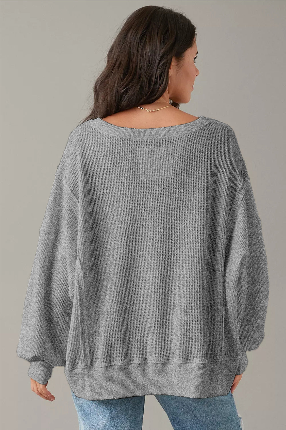Grey Waffle knit Bishop Sleeve Split Oversized Top - Tops/Long Tops