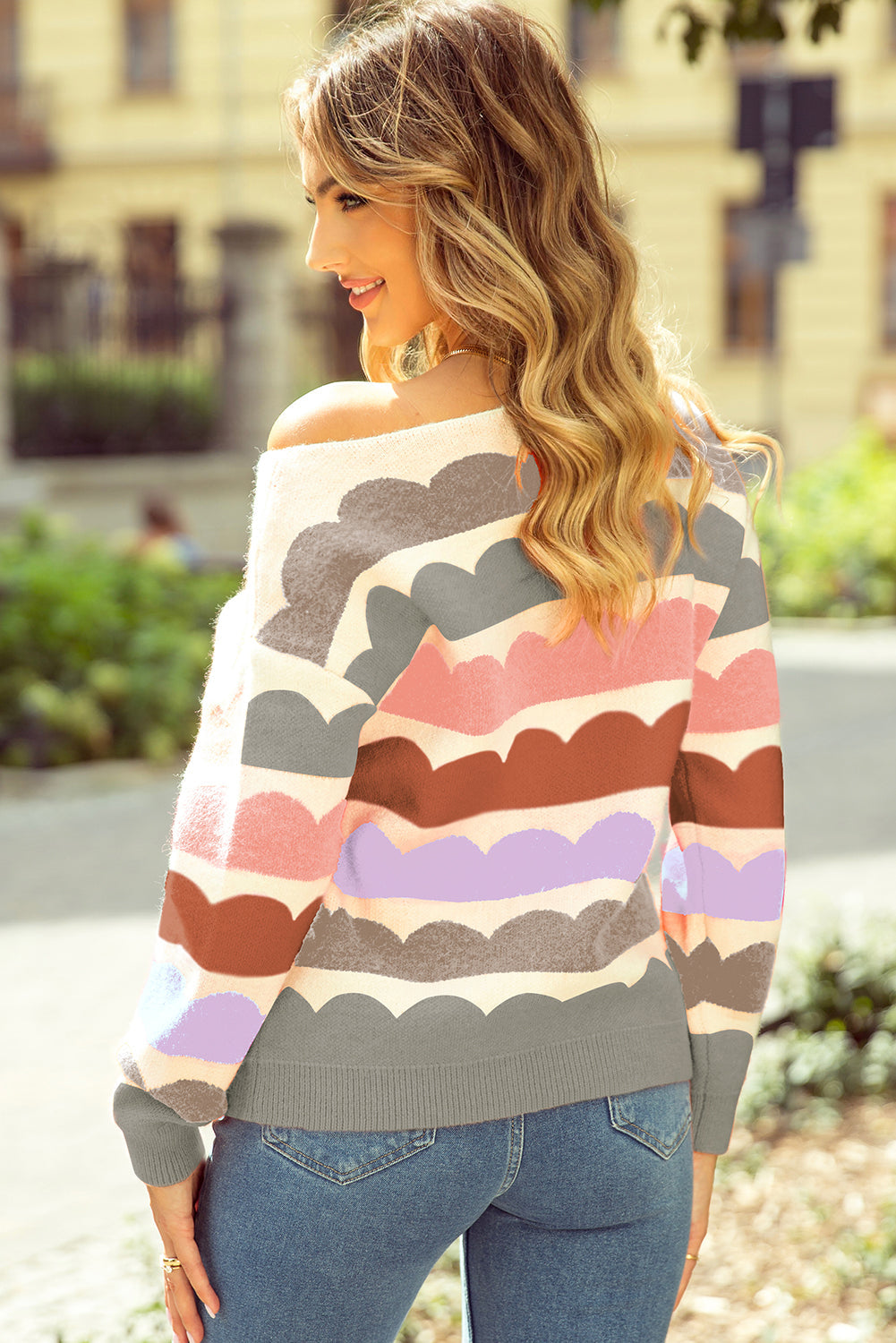 Grey Wave Striped Balloon Sleeve Drop Shoulder Sweater - eAura