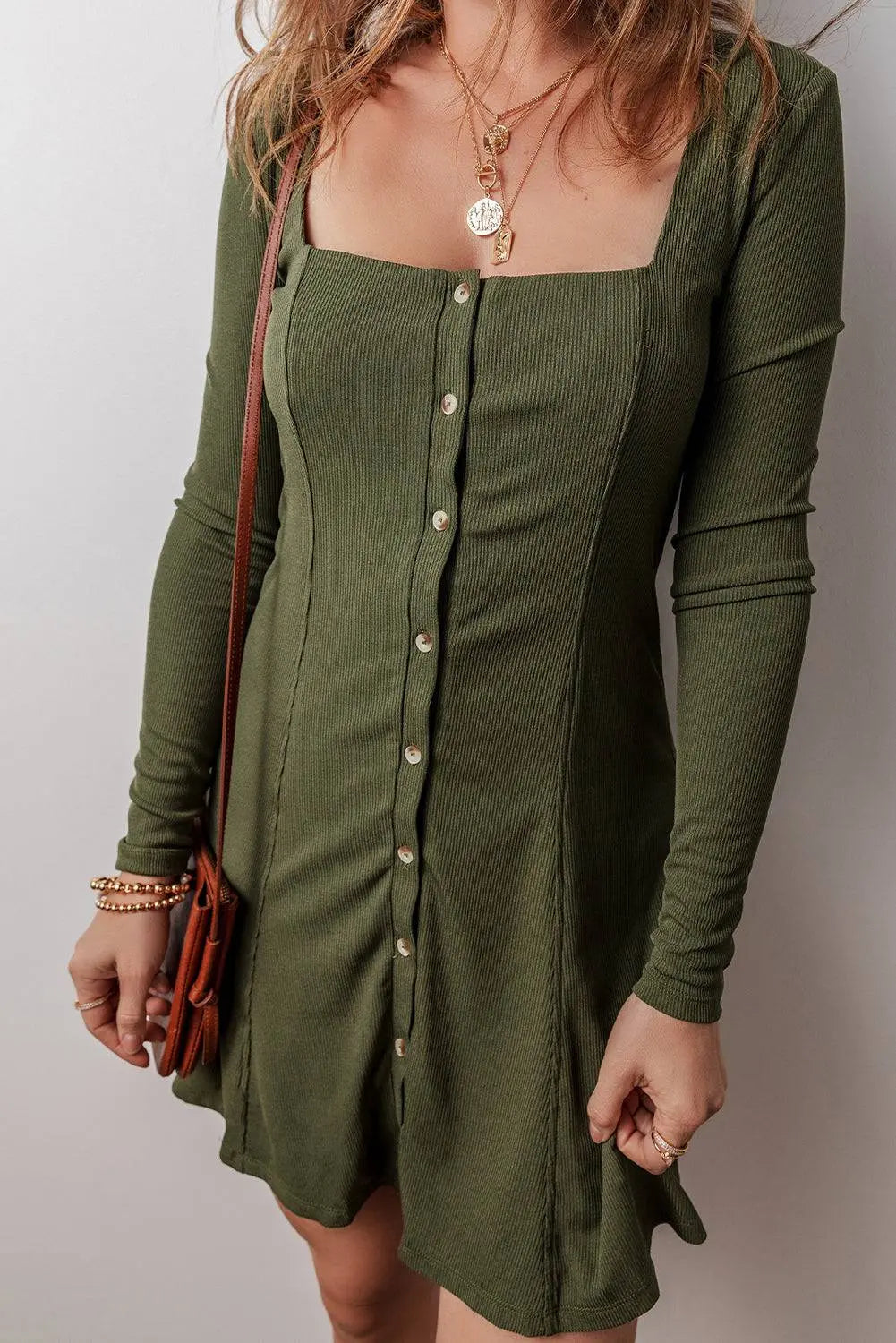 Guacamole Green Rib Knit Square Neck Buttoned Long Sleeve Mini Dress - BB Fashion Outlet