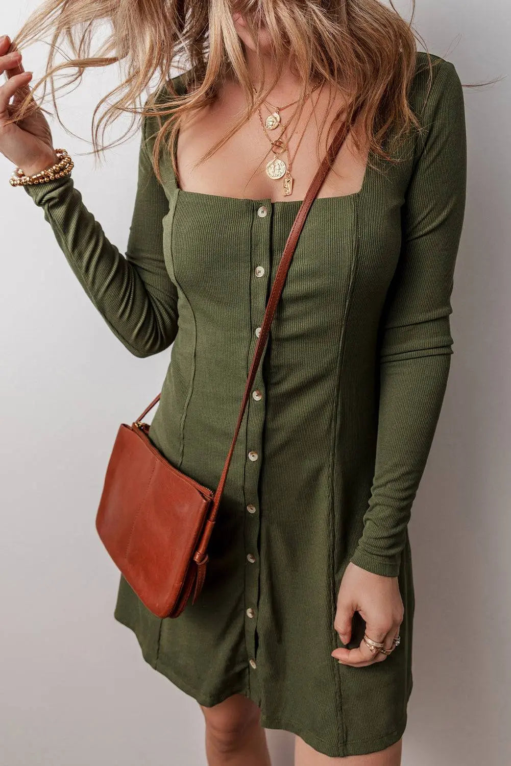 Guacamole Green Rib Knit Square Neck Buttoned Long Sleeve Mini Dress - BB Fashion Outlet