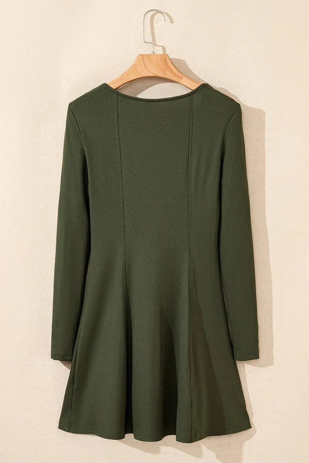 Guacamole Green Rib Knit Square Neck Buttoned Long Sleeve Mini Dress - BB Fashion Outlet