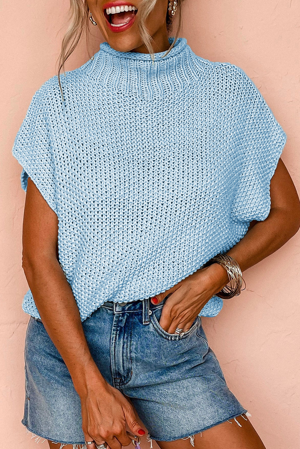 Iceland Blue High Neck Bat Short Sleeve Sweater - eAura