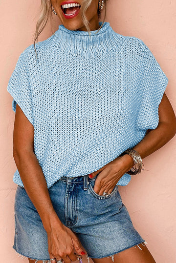 Iceland Blue High Neck Bat Short Sleeve Sweater - ICELAND BLUE / S / 60% COTTON + 40% ACRYLIC - Sweaters &