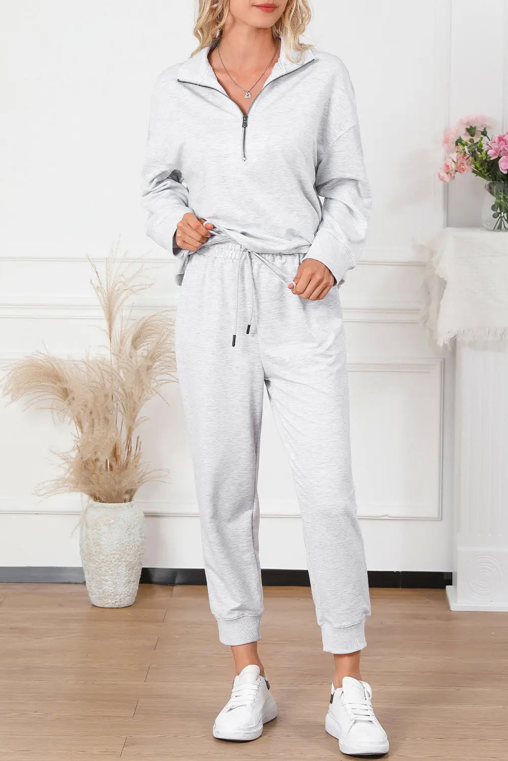 Iceland Blue Solid Half Zipped Drawstring High Waist Lounge Set eAura