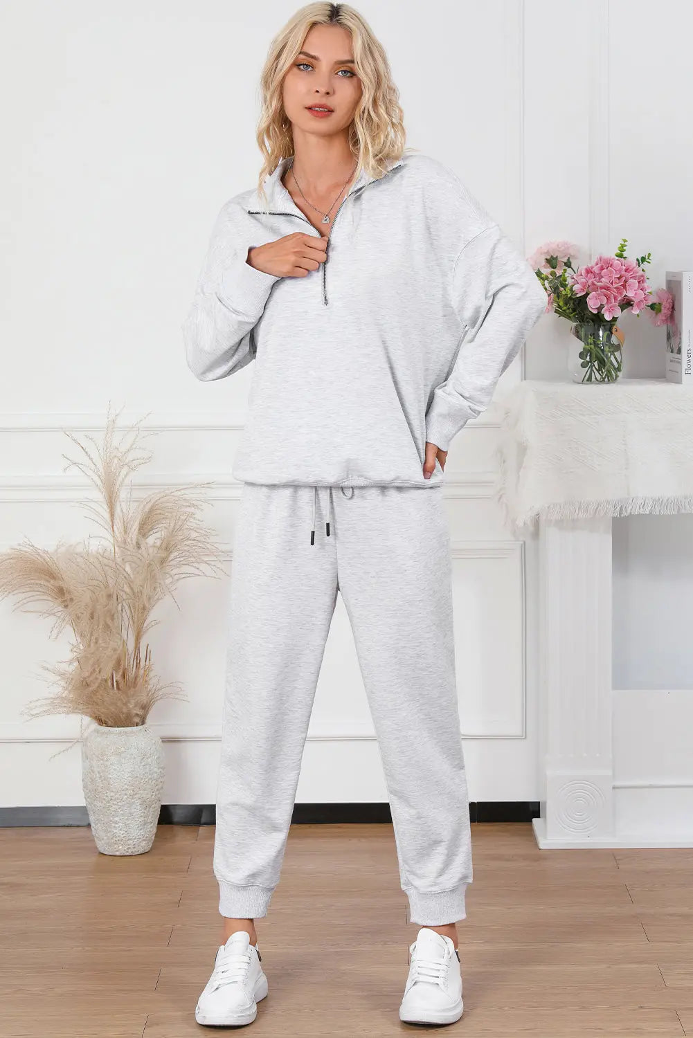 Iceland Blue Solid Half Zipped Drawstring High Waist Lounge Set eAura