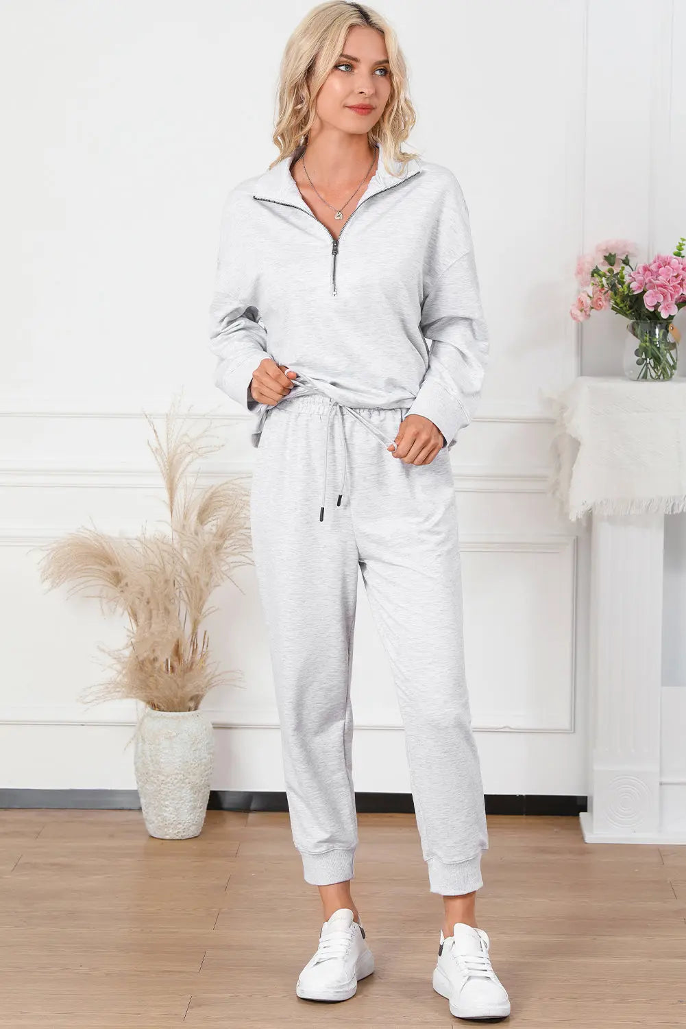 Iceland Blue Solid Half Zipped Drawstring High Waist Lounge Set eAura