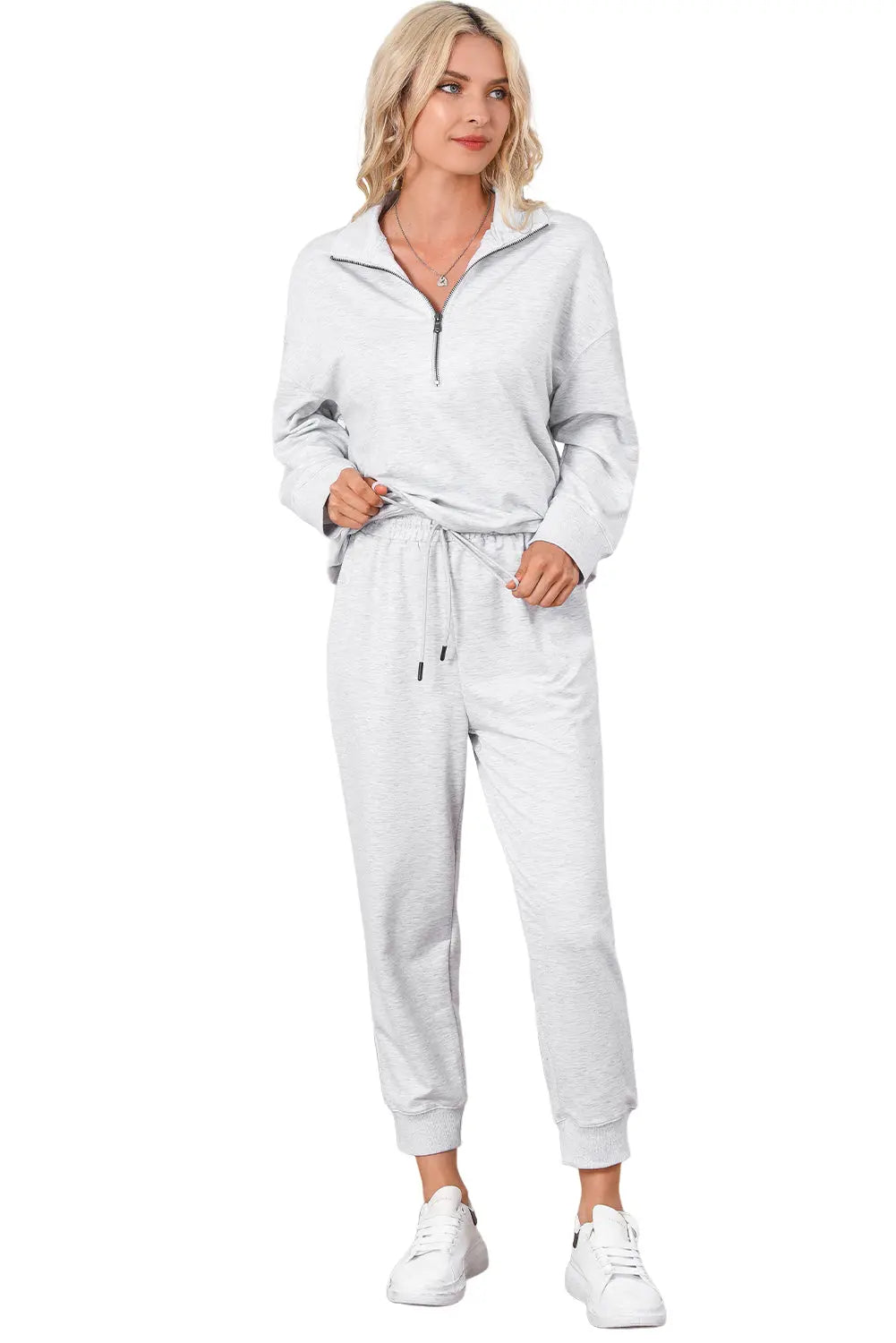 Iceland Blue Solid Half Zipped Drawstring High Waist Lounge Set eAura