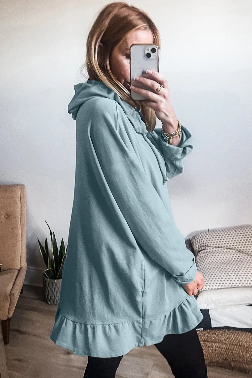 Iceland Blue Solid Ruffled Hem Loose Fit Tunic Hoodie Beagle Boutique Fashion Outlet