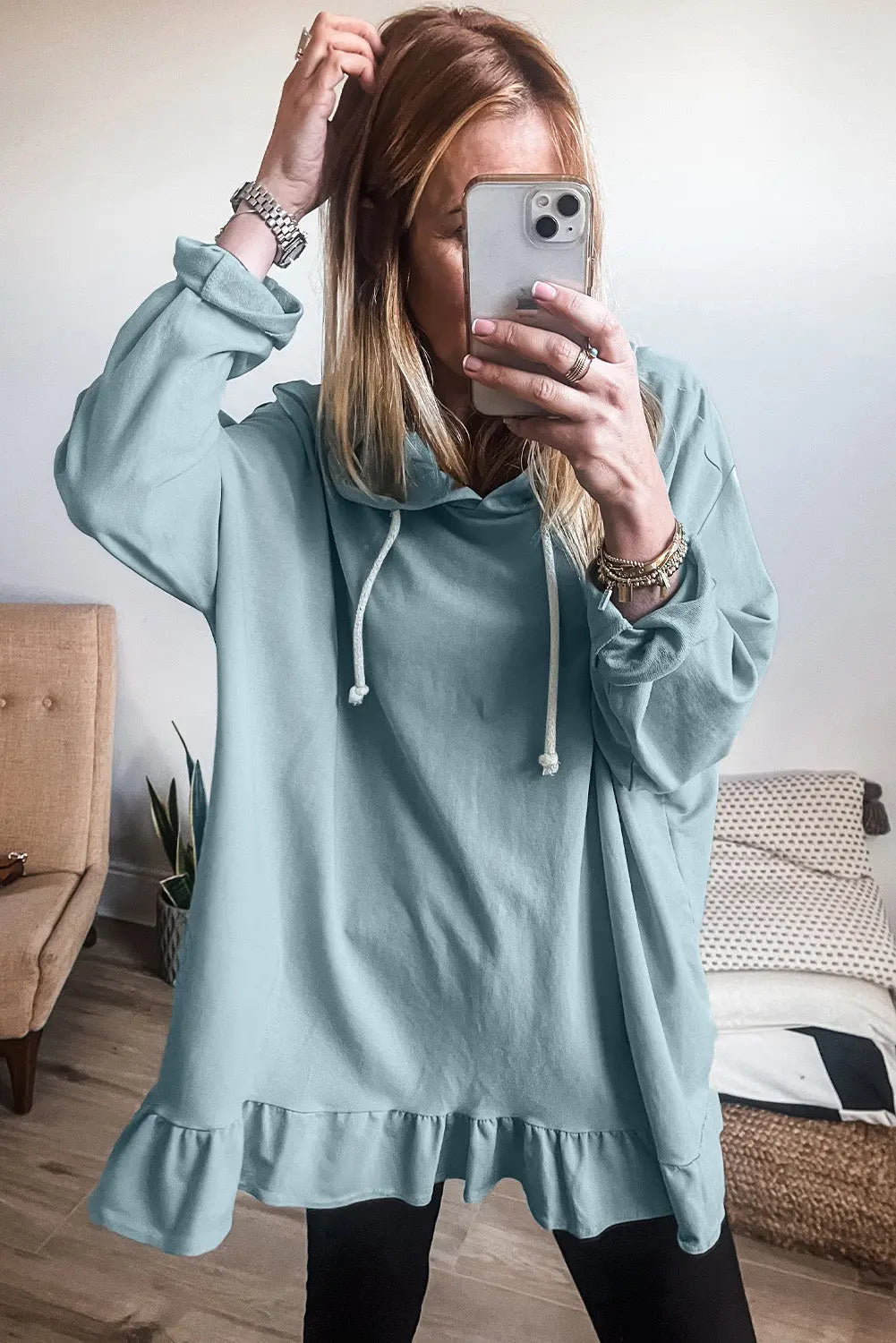 Iceland Blue Solid Ruffled Hem Loose Fit Tunic Hoodie Beagle Boutique Fashion Outlet