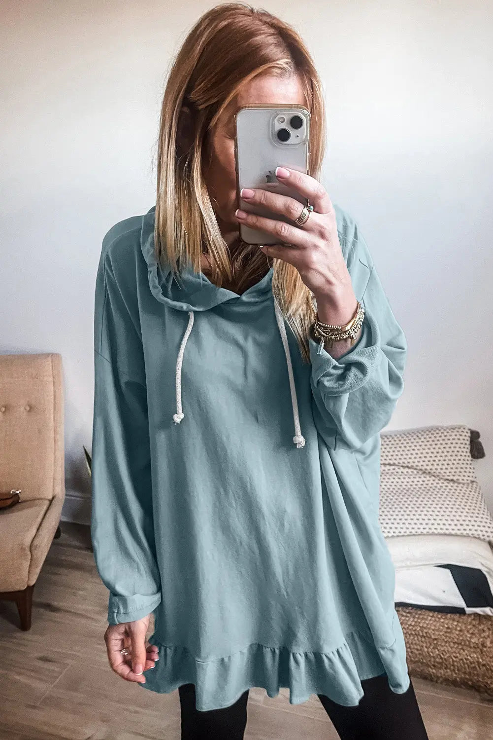 Iceland Blue Solid Ruffled Hem Loose Fit Tunic Hoodie Beagle Boutique Fashion Outlet