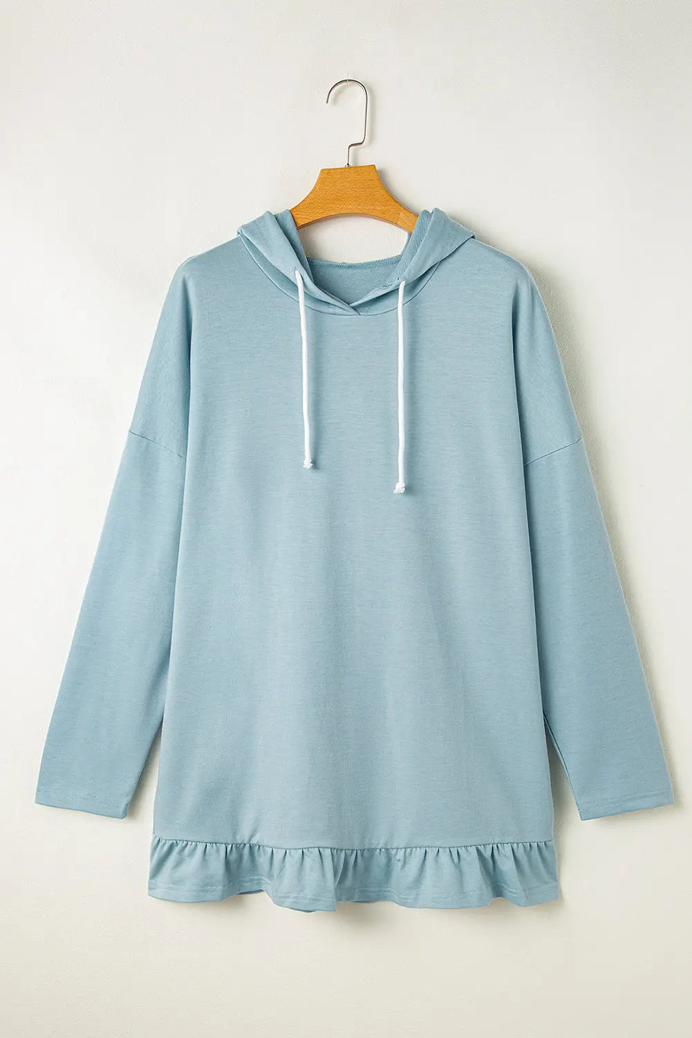 Iceland Blue Solid Ruffled Hem Loose Fit Tunic Hoodie Beagle Boutique Fashion Outlet