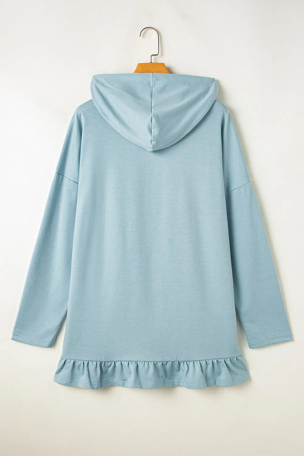 Iceland Blue Solid Ruffled Hem Loose Fit Tunic Hoodie Beagle Boutique Fashion Outlet
