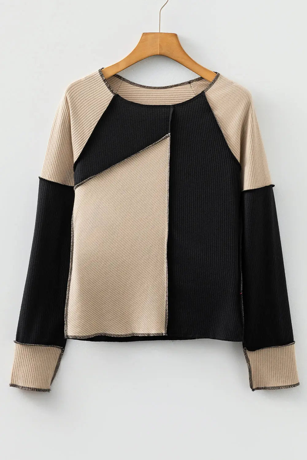 Irregular Colour Block Seaming Trim Rib Knit Top - eAura