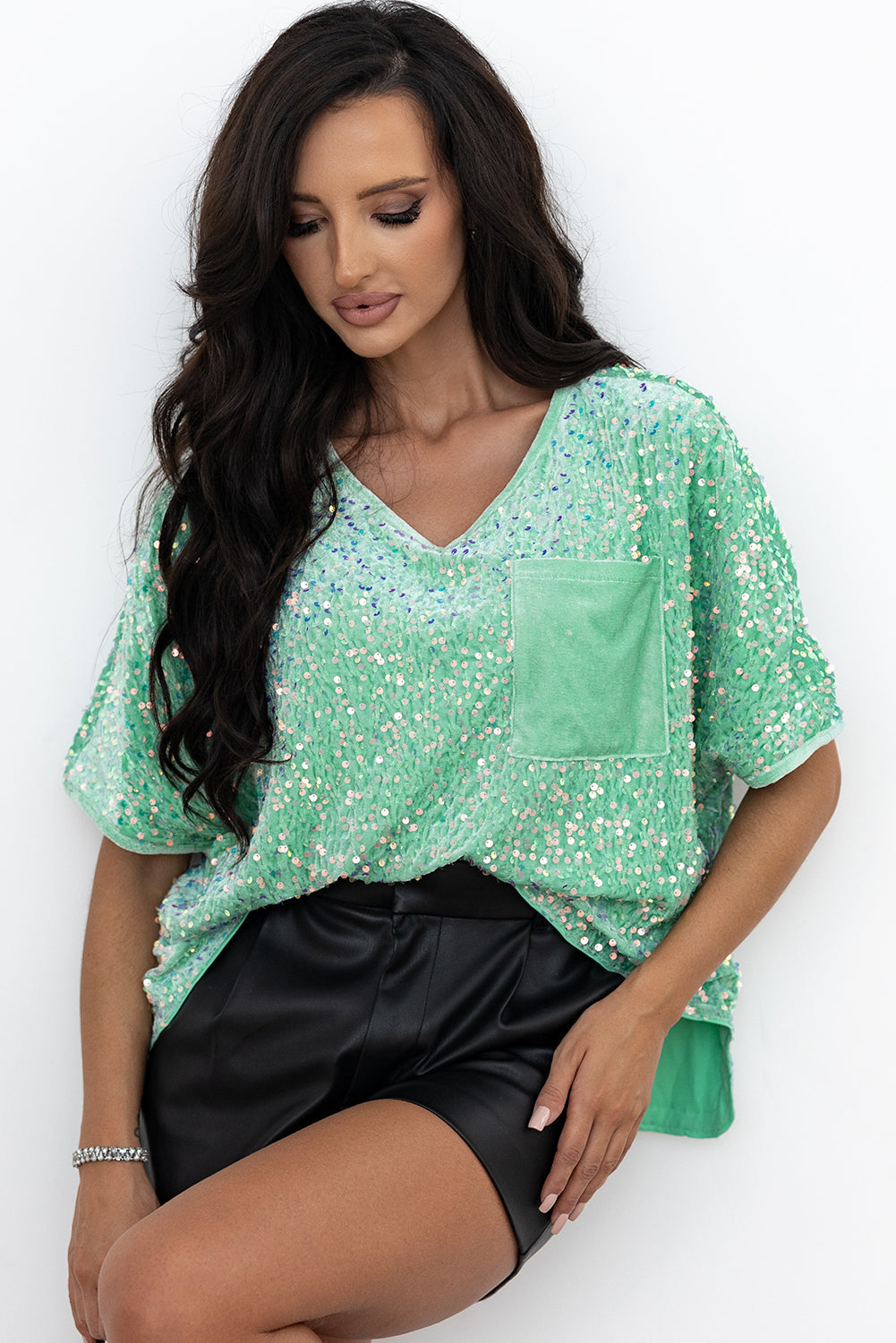 Jade Sequin Batwing Sleeve V-Neck Velvet Blouse - eAura