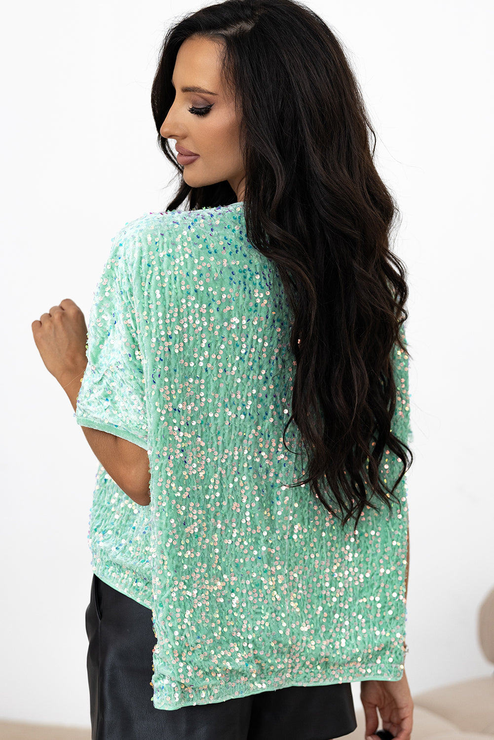 Jade Sequin Batwing Sleeve V-Neck Velvet Blouse - eAura