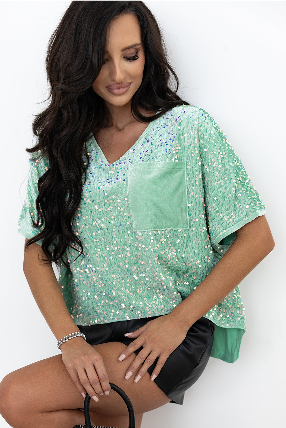 Jade Sequin Batwing Sleeve V-Neck Velvet Blouse - eAura