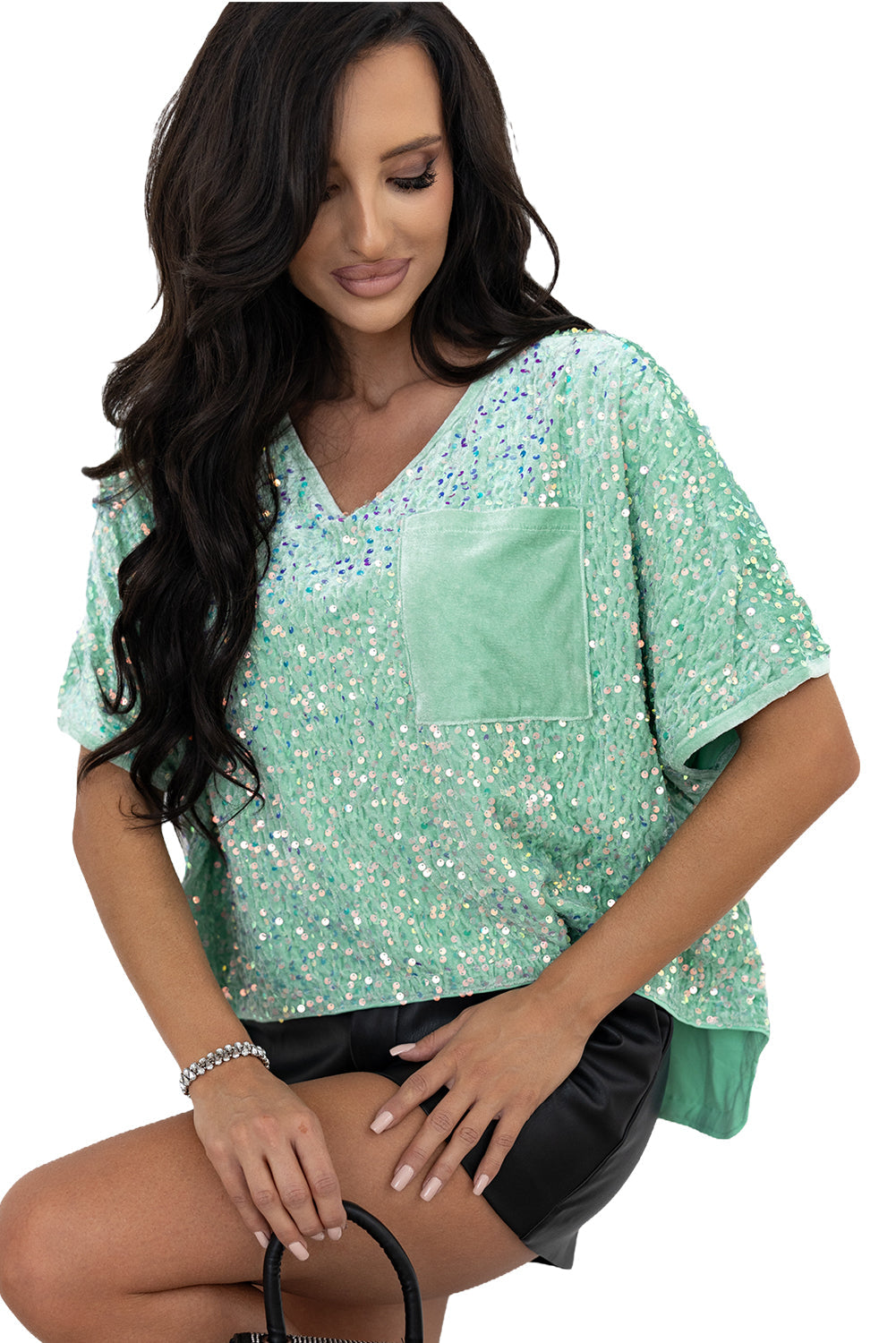 Jade Sequin Batwing Sleeve V-Neck Velvet Blouse - eAura