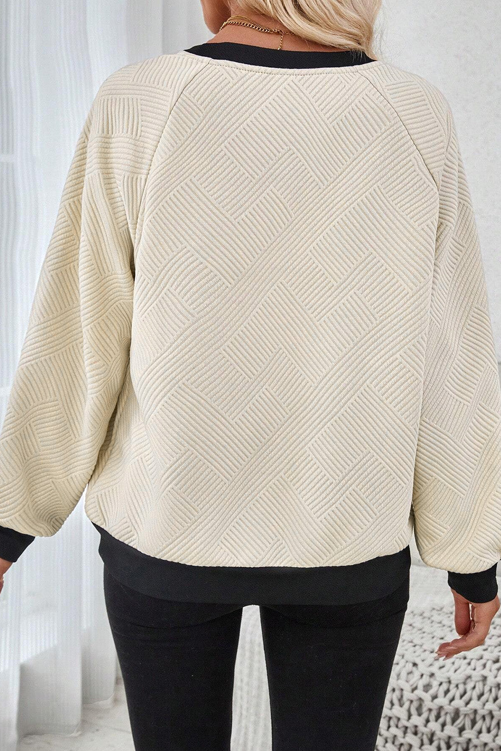Jet Stream Colour Block Edge Raglan Sleeve Crew Neck Textured Top - eAura