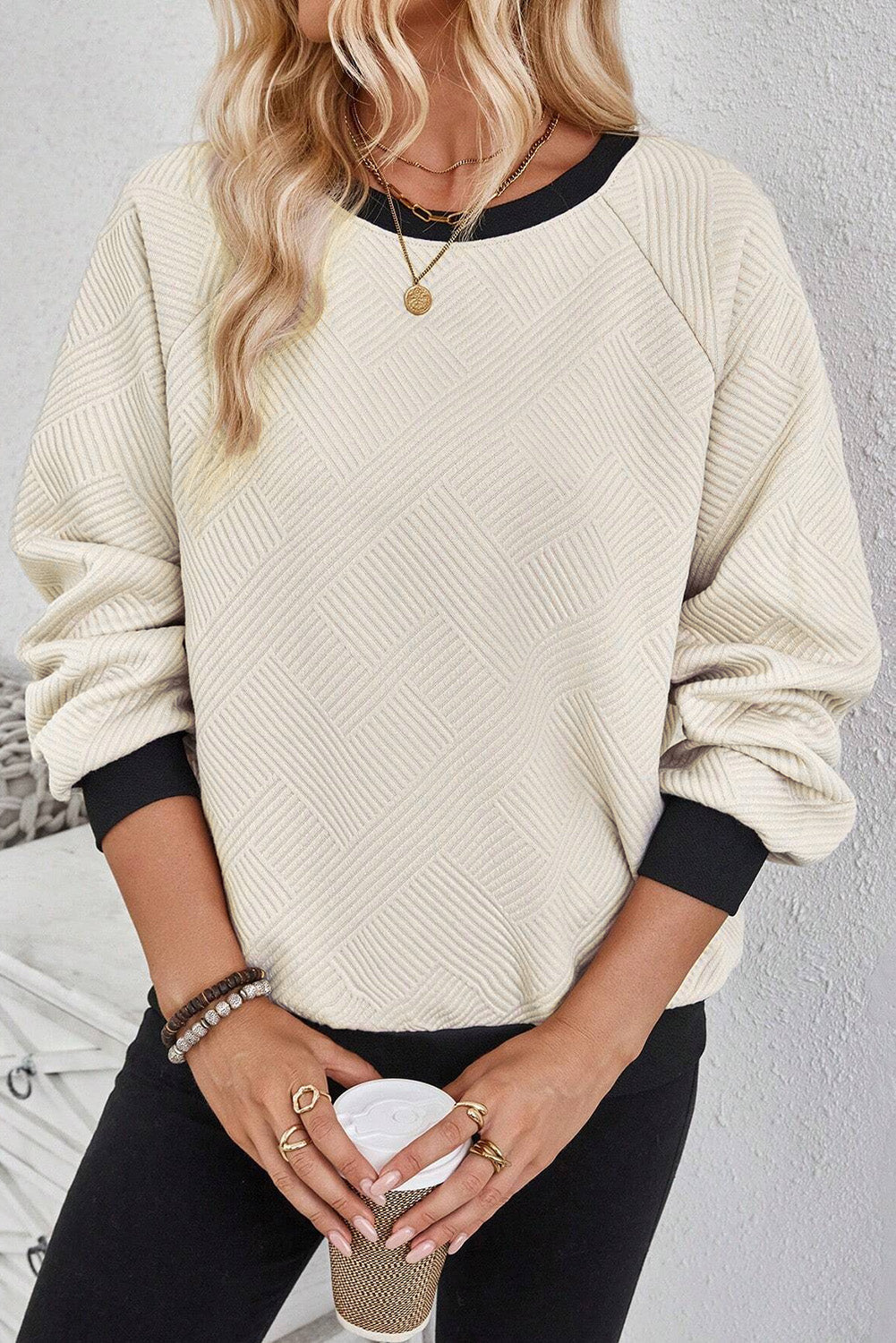 Jet Stream Colour Block Edge Raglan Sleeve Crew Neck Textured Top - eAura