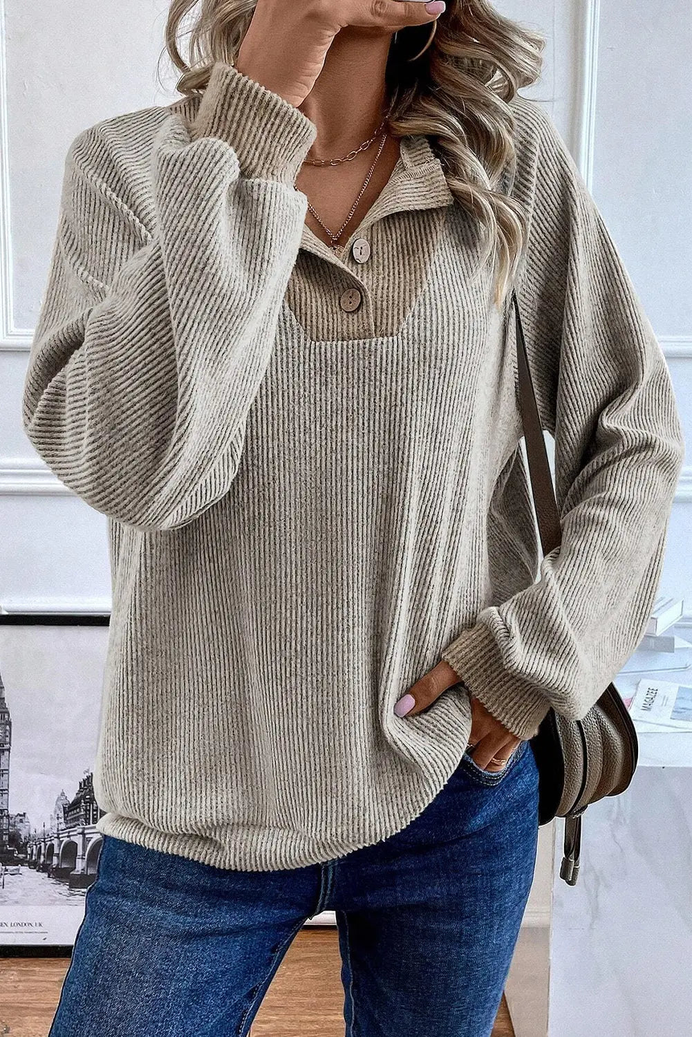 Jet Stream Colour Contrast Ribbed Loose Fit Long Sleeve Top eAura